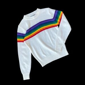 Vibrant Rainbow Stripe White Crew Neck Sweater